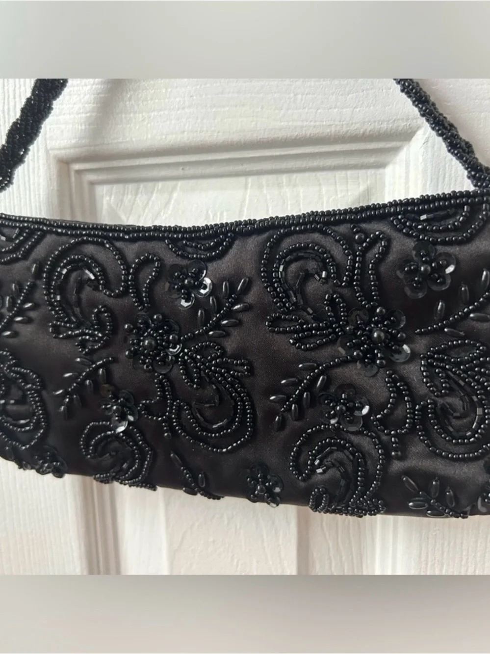 Vintage Jessica McClintock Black Beaded Satin Evening Bag Coquette